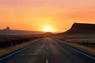 Fototapeta premium A straight road on a trip with sunset