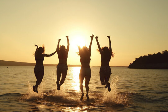 Group of friends having fun swimming on the sea at summer sunset