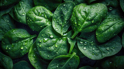 Fresh green spinach leaves with water drops on dark background, top view.