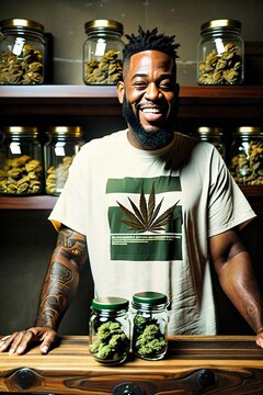 CSC. Budtender in a Cannabis Social Club. Coffeeshop. Cannabis dispensary. Cannabis specialty store. Marijuana store. Health store with natural wood interior. Generative AI.