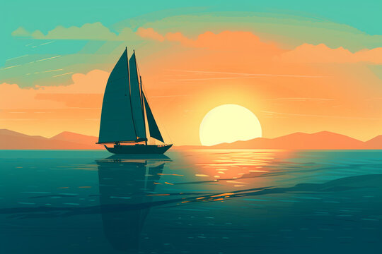 Vector image  A sailing boat on the sea at sunset