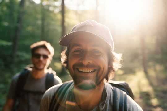 two man hiking on the forest with sun reflection and blurry background