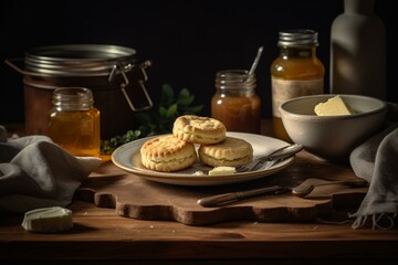 Plate of biscuits beside butter, spoon, cloth & honey jar. Generative AI