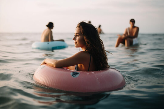  woman swimming on the sea and having fun on a float