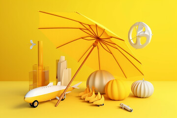 3D Illustration Beach umbrella with travel and summer elements, no background