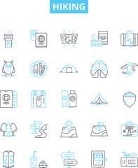 Hiking vector line icons set. Hiking, Trail, Walking, Trekking, Path, Natural, Climb illustration outline concept symbols and signs