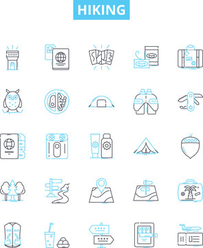Hiking vector line icons set. Hiking, Trail, Walking, Trekking, Path, Natural, Climb illustration outline concept symbols and signs
