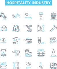 Hospitality industry vector line icons set. Hospitality, Industry, Tourism, Hotels, Restaurants, Catering, Accommodation illustration outline concept symbols and signs