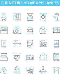 Furniture home appliances vector line icons set. Furniture, Appliances, Sofa, Chair, Table, Bed, Mattress illustration outline concept symbols and signs