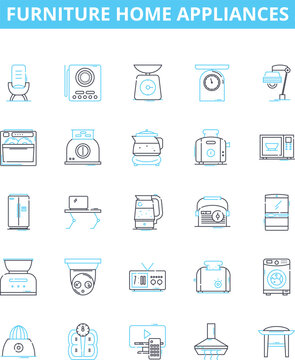 Furniture home appliances vector line icons set. Furniture, Appliances, Sofa, Chair, Table, Bed, Mattress illustration outline concept symbols and signs