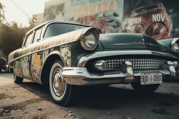 Vintage car ad with comic book vibes on road. Generative AI