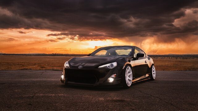Los Angeles, California; April 25, 2023 Toyota GT86 at sunset in a thunderstorm