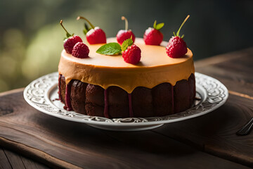 A cake with Chocolate Strawberries and Vanilla on it sits on a table in front of a cup of coffee.