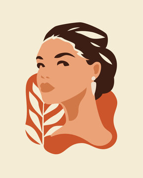Fashion Asian boho woman beautiful face nature fern branch pastel color paint poster vector flat illustration
