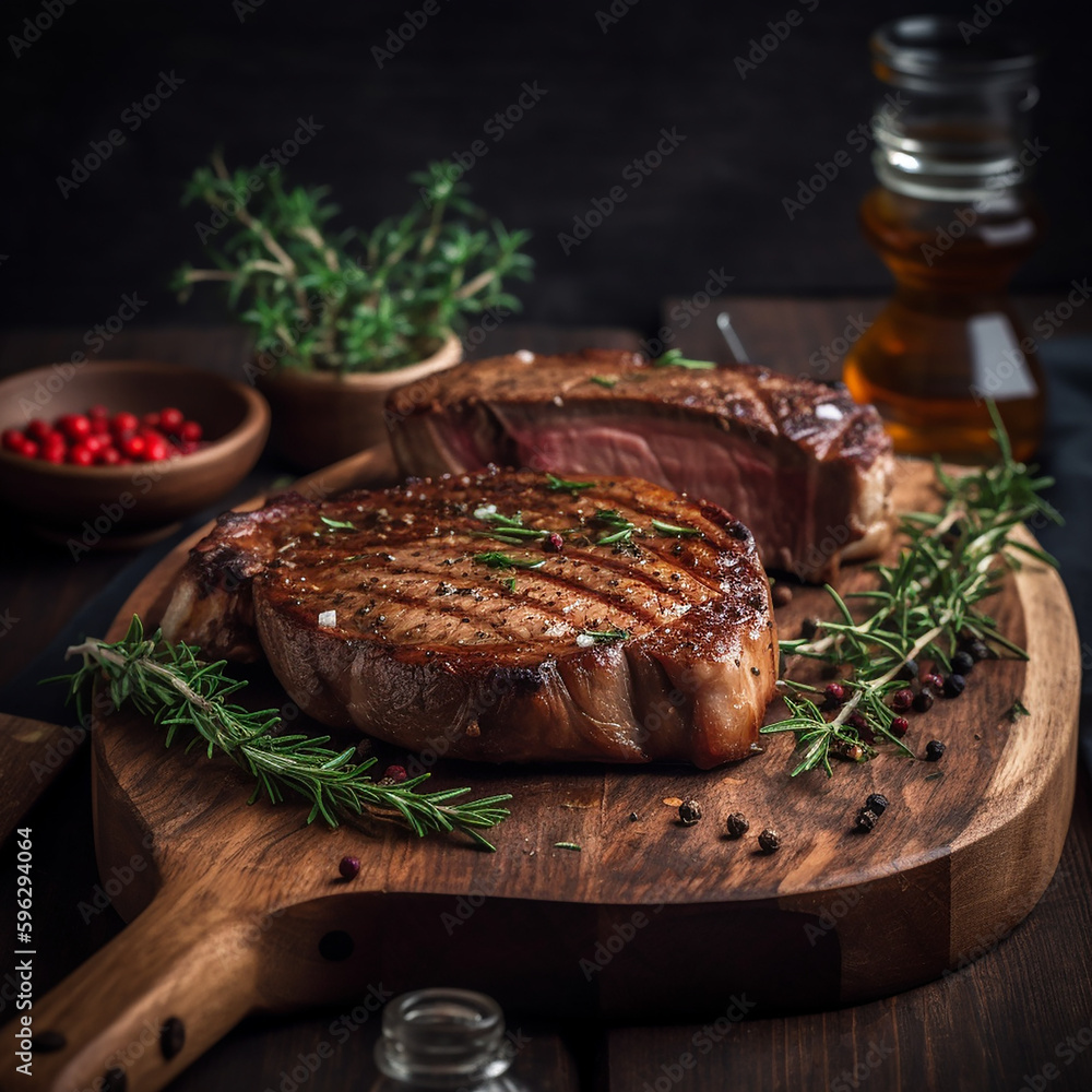 Wall mural juicy grilled steak with herbs and spices on rustic cutting board. barbecue