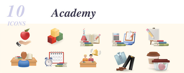 Academy set. Creative icons: newtons apple, logic games, chemistry, math, drawing, reading books, timetable, call to class, school uniform, lunch to go.