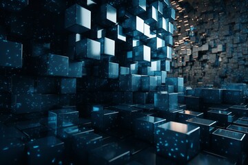 Cubic modern wallpaper with blue, black and translucent shades. Rendered in 3D with precise alignment. Generative AI