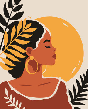 Beauty African Woman Portrait On Vintage Tropical Summer Sun Paint Modern Minimal Poster Vector Flat Illustration