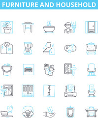 Furniture and household vector line icons set. Furniture, Household, Chair, Couch, Table, Desk, Bed illustration outline concept symbols and signs