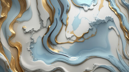 Abstract marble background in light blue and white colors with gold streaks. Ai generative illustration