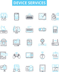 Device services vector line icons set. Device, Services, Repair, Network, Computer, Maintenance, Diagnostics illustration outline concept symbols and signs