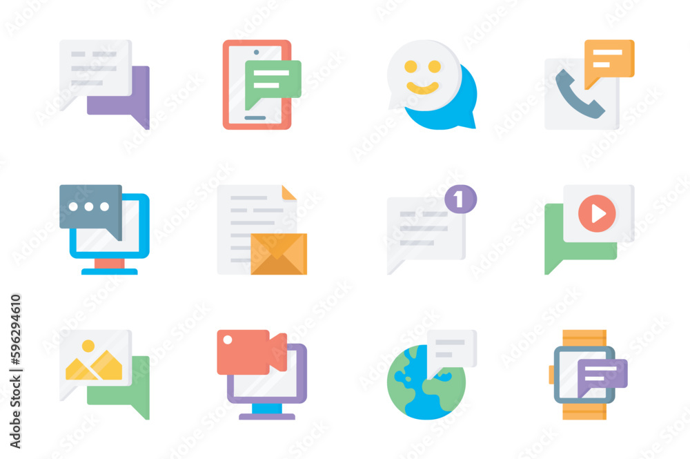 Poster communication 3d icons set. pack flat pictograms of chat, message bubble, emoticon, call, computer, 