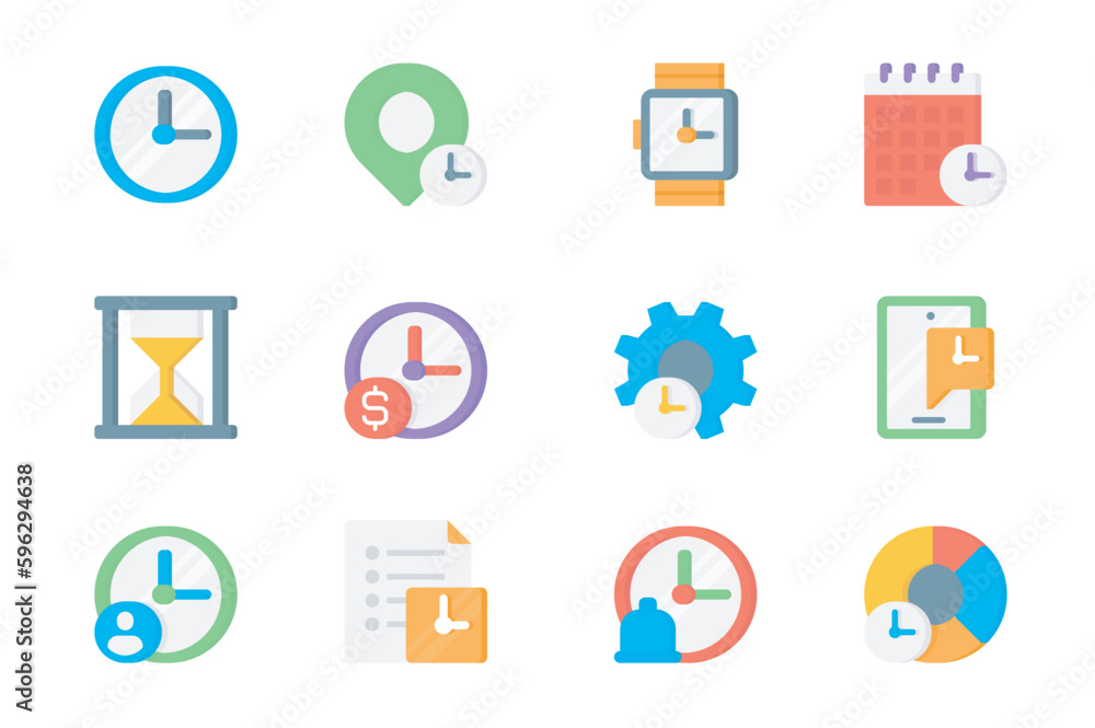 Aufkleber time management 3d icons set. pack flat pictograms of clock, location pin, watch, calendar, hourglas