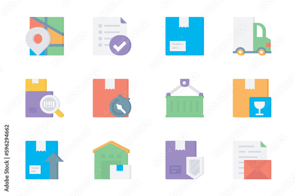 Poster delivery 3d icons set. pack flat pictograms of map location, list, parcel box, transportation van, t