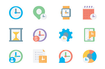 Time management 3d icons set. Pack flat pictograms of clock, location pin, watch, calendar, hourglass, deadline, planning, reminder, task list and other. Vector elements for mobile app and web design