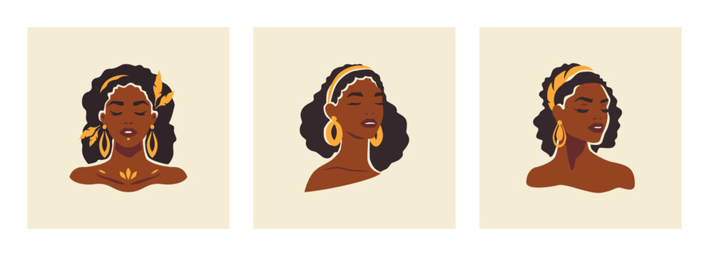 Beauty African boho black woman portrait golden jewelry hand drawn paint set vector flat illustration