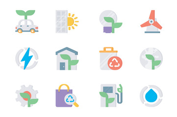Ecology 3d icons set. Pack flat pictograms of electric car, solar panel, lightbulb, electricity, wind turbine, energy, smart home, recycling and other. Vector elements for mobile app and web design