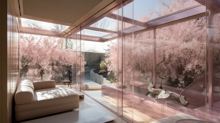 Transparent luxury house full of windows with pink and rose gold decor, so that you never feel closed in. Generative AI Technology 
