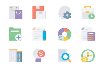 Business 3d icons set. Pack flat pictograms of commerce, delivery, logistics, settings, gear, briefcase, investment, file, document, accounting and other. Vector elements for mobile app and web design