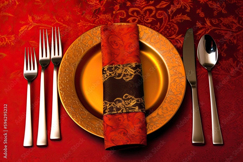 Poster place setting with silverware and a napkin on a plate. generative ai