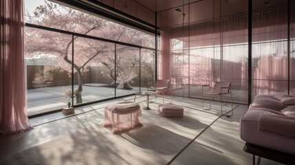 Fototapeta na wymiar Transparent luxury house full of windows with pink and rose gold decor, so that you never feel closed in. Generative AI Technology 