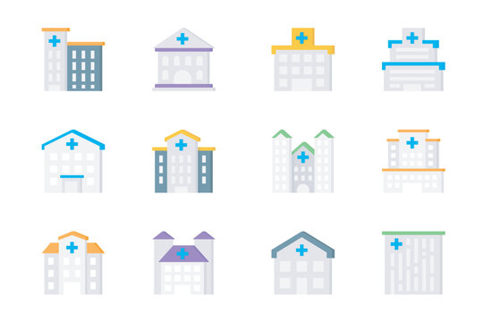 Hospital buildings 3d icons set. Pack flat pictograms of different types of exterior clinics, medical center, pharmacy, ambulance and other constructions. Vector elements for mobile app and web design