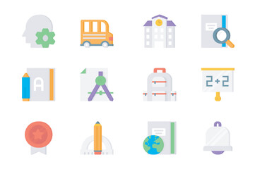 School 3d icons set. Pack flat pictograms of thinking, bus, building, textbook, homework, compasses, briefcase, mathematics lesson, bell, medal and other. Vector elements for mobile app and web design