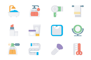 Beauty 3d icons set. Pack flat pictograms of wash in bath, cosmetics, hair dryer, towel, lipstick, cream and lotion, scales, mirror, perfume and other. Vector elements for mobile app and web design