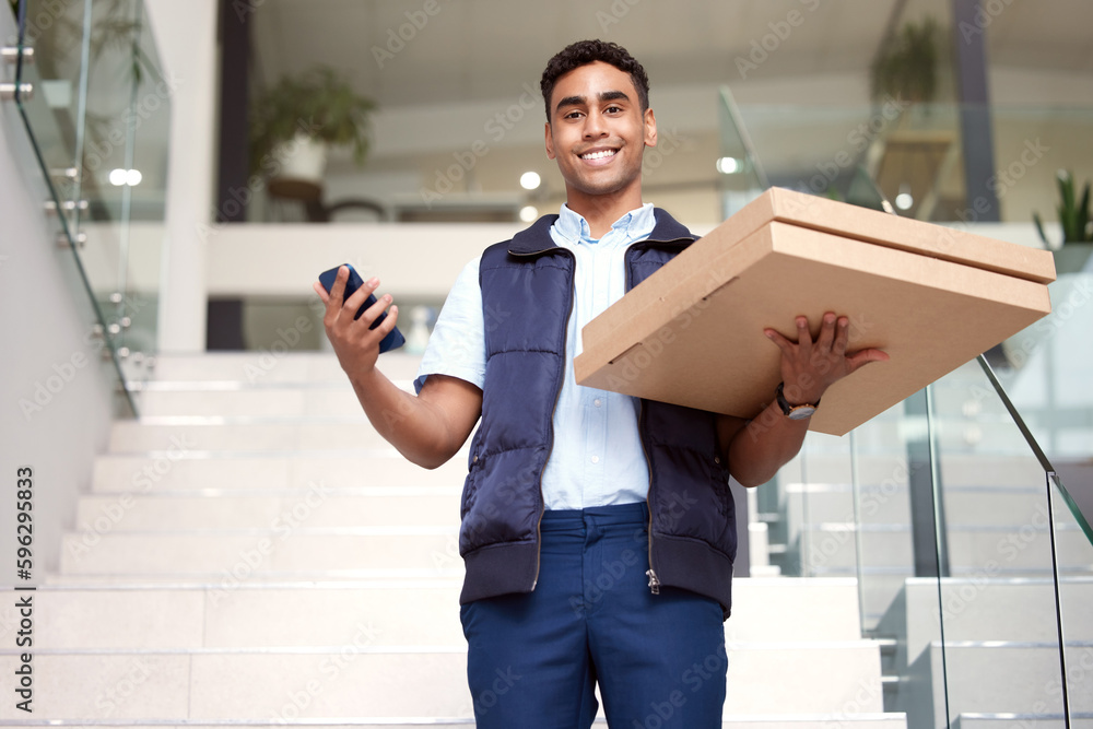 Poster never a quiet day when it comes to delivery. shot of a young delivery man delivering a pizza ordered