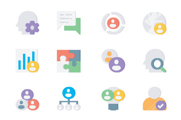 Teamwork 3d icons set. Pack flat pictograms of thinking, collaboration, communication, chat, globe, team, statistics analysis, puzzle, search and other. Vector elements for mobile app and web design