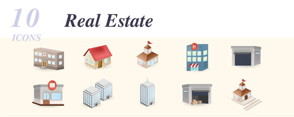 Real estate set. Creative icons: hospital, house, municipal, hotel, garage, post office, condo, new building, warehouse, railway station.