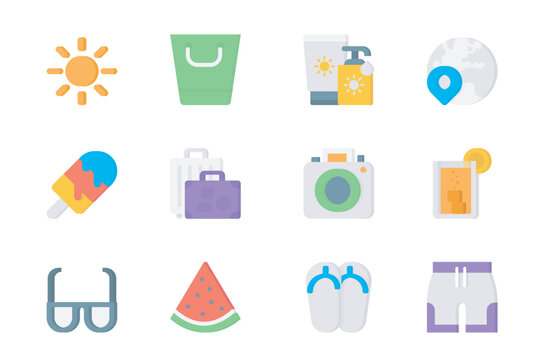 Summer 3d icons set. Pack flat pictograms of sun, sunscreen, global travel, icecream, luggage, photo camera, lemonade, sunglasses, watermelon and other. Vector elements for mobile app and web design