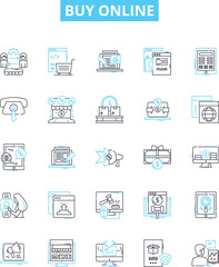 Buy online vector line icons set. Purchase, Order, Obtain, Shop, Buy, Procure, Acquire illustration outline concept symbols and signs