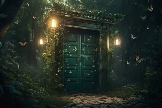 Painting of a green door surrounded by butterflies in a forest with a lantern above and a glowing path. Generative AI