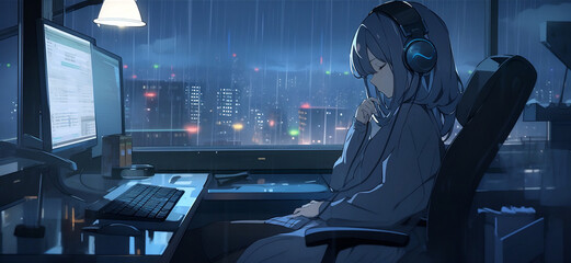 LOFI woman in an apartment listening to music