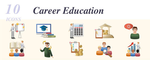 Career education set. Creative icons: presentation, lessons, accounting staff, loan, thinking, teaching, help, economy project, human analysis, business training.
