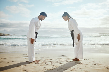 First we bow, then we fight. Full length shot of two young martial artists practicing karate on the beach. © Siphosethu Fanti/peopleimages.com