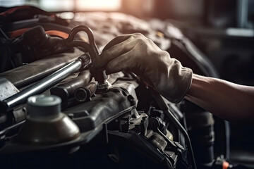 Fototapeta na wymiar Auto mechanic working on car broken engine in mechanics service or garage