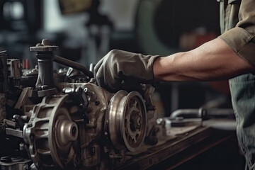 Fototapeta na wymiar Auto mechanic working on car broken engine in mechanics service or garage