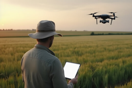 a farmer in a field controls a drone from a tablet, Generative AI